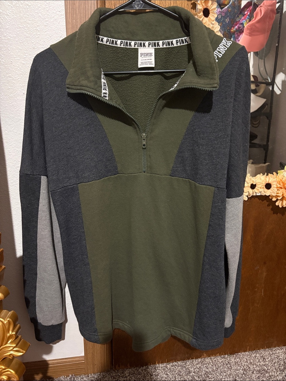 PINK Victoria's Secret Olive/Gray Colorblock Quarter-Zip Pullover